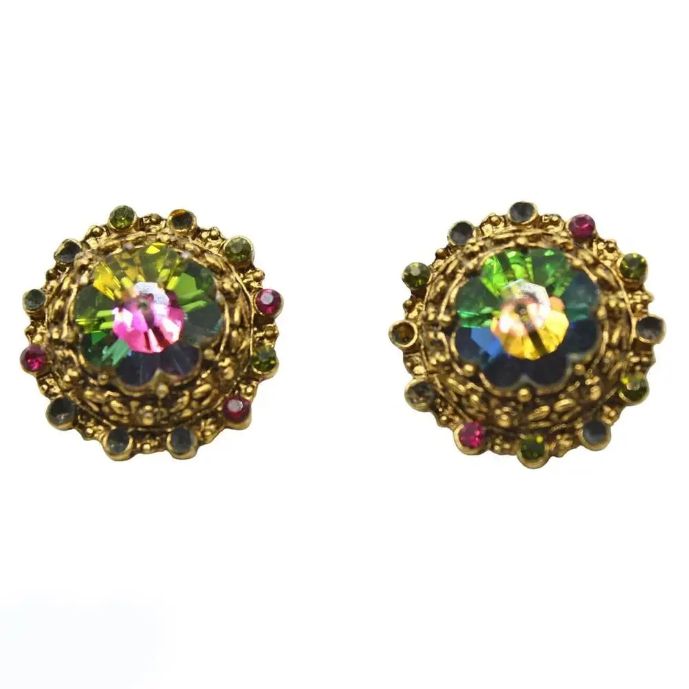 Vintage Aurora Borealis Rhinestone Clip-On Earrings Gold Tone 1